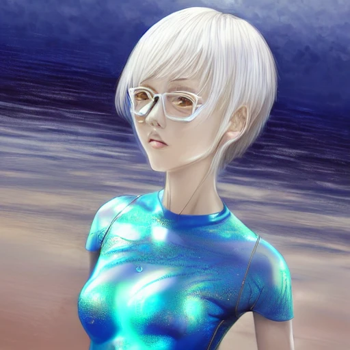 Very detailed, A {{hyperrealistic}} portrait of a beautiful anime girl wearing  rubber swimsuit, sci-fi suit, bob short white hair, japanese kawaii, slender body ,fine face, intricate, elegant, volumetric light, highly detailed. trending on artstation, digital art, [[[WLOP]]] , 8k wallpaper, dinamic ocean background, vivid, {red}, bottom body close up, , {pastel color}, beautiful skin