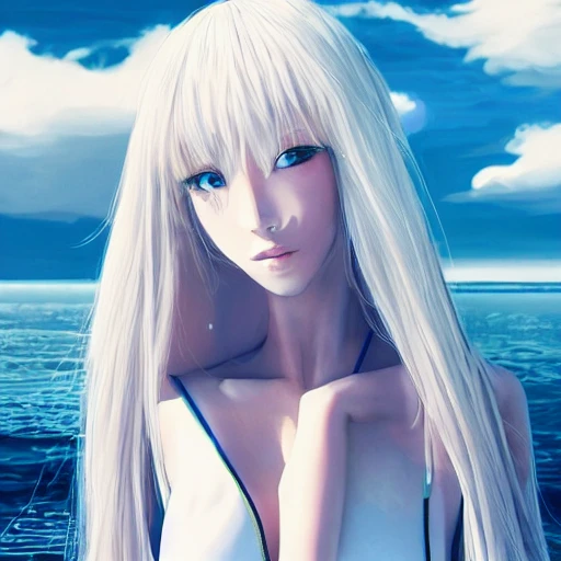 Very detailed, A {{hyperrealistic}} portrait of a beautiful anime girl wearing  rubber swimsuit, sci-fi suit, heavy long white hair, japanese kawaii, slender body ,fine face, intricate, elegant, volumetric light, highly detailed. trending on artstation, digital art, [[[WLOP]]] , 8k wallpaper, dinamic ocean background, vivid, {red}, bottom body close up, , {pastel color}, beautiful skin