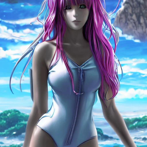 Very detailed, A {{hyperrealistic}} portrait of a beautiful anime girl wearing  rubber swimsuit, sci-fi suit, heavy long white hair, japanese kawaii, slender body ,fine face, intricate, elegant, volumetric light, highly detailed. trending on artstation, digital art, [[[WLOP]]] , 8k wallpaper, dinamic ocean background, vivid, {red}, bottom body close up, , {pastel color}, beautiful skin