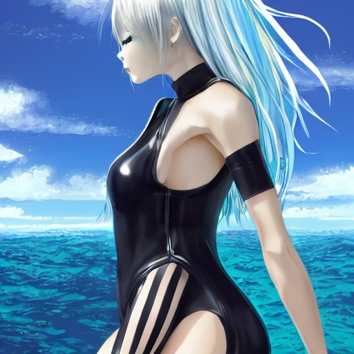 Very detailed, A {{hyperrealistic}} portrait of a beautiful anime girl wearing  rubber swimsuit, sci-fi suit, long white hair, japanese kawaii, slender body ,fine face, intricate, elegant, volumetric light, highly detailed. trending on artstation, digital art, [[[WLOP]]] , 8k wallpaper, dinamic ocean background, {{vivid}}, {red}, bottom body close up, , {pastel color}, beautiful skin