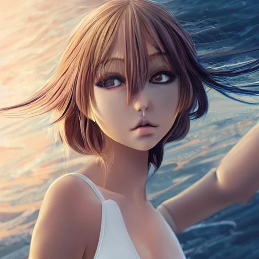 Very detailed, A {{hyperrealistic}} portrait of a beautiful anime girl wearing  rubber swimsuit, sci-fi suit, white long hair, japanese kawaii, slender body ,fine face, intricate, elegant, volumetric light, highly detailed. trending on artstation, digital art, [[[WLOP]]] , 8k wallpaper, dinamic ocean background, {{vivid}}, {red}, bottom body close up, , {pastel color}, beautiful skin