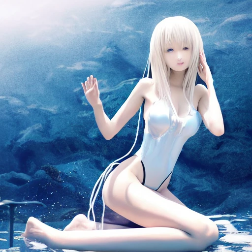 Very detailed, A {{hyperrealistic}} portrait of a beautiful anime girl wearing  rubber swimsuit, sci-fi suit, white long hair, japanese kawaii, slender body ,fine face, intricate, elegant, volumetric light, highly detailed. trending on artstation, digital art, [[[WLOP]]] , 8k wallpaper, dinamic ocean background, {{vivid}}, {red}, bottom body close up, , {pastel color}, beautiful skin