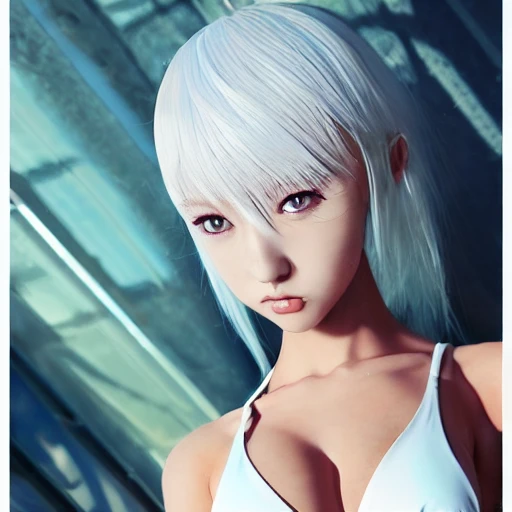 Very detailed, A {{hyperrealistic}} portrait of a beautiful anime girl wearing  rubber swimsuit, sci-fi suit,white hair, long hiar, japanese kawaii, slender body ,fine face, intricate, elegant, volumetric light, highly detailed. trending on artstation, digital art, [[[WLOP]]] , 8k wallpaper, dinamic ocean background, {vivid}, bottom body close up, , {pastel color}, beautiful skin