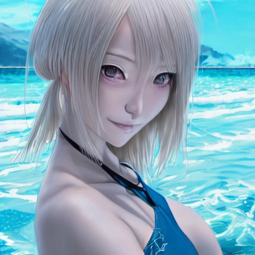 Very detailed, A {{hyperrealistic}} portrait of a beautiful anime girl wearing  rubber swimsuit, sci-fi suit,white hair, japanese kawaii, slender body ,fine face, intricate, elegant, volumetric light, highly detailed. trending on artstation, digital art, [[[WLOP]]] , 8k wallpaper, dinamic ocean background, {vivid}, bottom body close up, , {pastel color}, beautiful skin