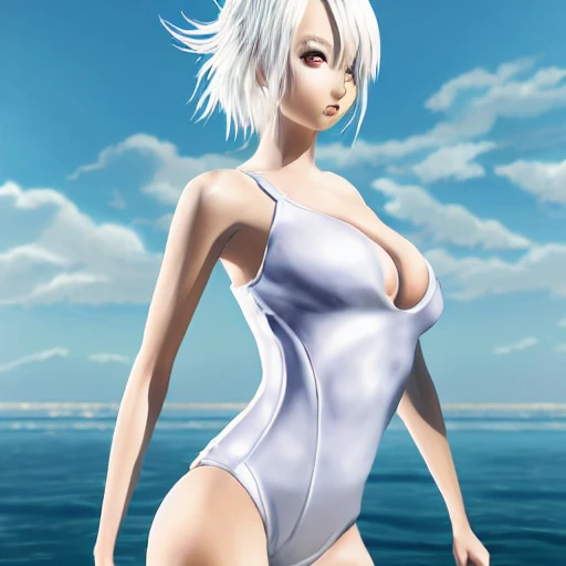 Very detailed, A {{hyperrealistic}} portrait of a beautiful anime girl wearing  rubber swimsuit, sci-fi suit,white hair, japanese kawaii, slender body ,fine face, intricate, elegant, volumetric light, highly detailed. trending on artstation, digital art, [[[WLOP]]] , 8k wallpaper, dinamic ocean background, {vivid}, bottom body close up, , {pastel color}, beautiful skin