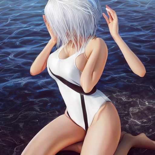 Very detailed, A {{hyperrealistic}} portrait of a beautiful anime girl wearing  rubber swimsuit,white hair, japanese kawaii, slender body ,fine face, intricate, elegant, volumetric light, highly detailed. trending on artstation, digital art, [[[WLOP]]] , 8k wallpaper, dinamic ocean background, {vivid}, bottom body close up, , {pastel color}, beautiful skin,melty