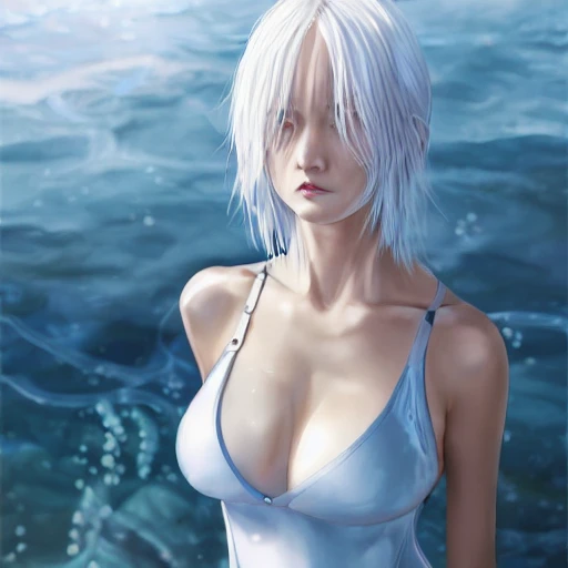 Very detailed, A {{hyperrealistic}} portrait of a beautiful anime girl wearing  rubber swimsuit,white hair, japanese kawaii, slender body ,fine face, intricate, elegant, volumetric light, highly detailed. trending on artstation, digital art, [[[WLOP]]] , 8k wallpaper, dinamic ocean background, {vivid}, bottom body close up, , {pastel color}, beautiful skin,melty