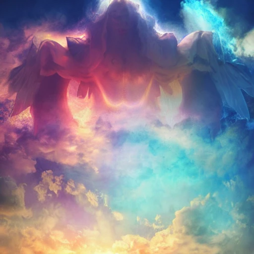 kingdom of heaven, colorful clouds, sunset, seraphim, heaven god, the eye of god, Illuminati, colorful; antique photo; matte concept art, photorealistic, epic, intricate, highly detailed, a masterpiece, cinematic lighting, volumetric lighting, shadow depth, digital art, dynamic composition, 8k resolution, trending on artstation, unreal engine 5