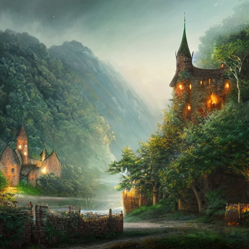 Realistic digital painting of uge English village with humongous king's castle built in green mountains at night, hyperdetailed, artstation, cgsociety, 8k, 3D