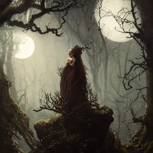 full moon, dark fantasy, forest, beautiful detailed intricate insanely detailed, trending on artstation, 8 k artistic photography, photorealistic concept art, soft natural volumetric cinematic perfect light, chiaroscuro, oil on canvas, caravaggio, greg rutkowski, Tom Bagshaw and Seb McKinnon