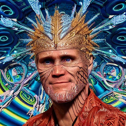 very detailed Hyper realistic 3d photo, of  singer Jim Carrey, as celestial deity, art deco, very detailed, very realistic, Detailed and Intricate, Geometric, CGI, PBR, by Philippe Druillet, highly detailed, digital masterpiece ,trippy, 8k, smooth, [sharp focus], unreal engine 5 rendered, illustration, cinematic lighting, [high octane render], detailed environment], [high key lighting,  highly detailed, fine detail, intricate, award - winning, fantasy, 3D,