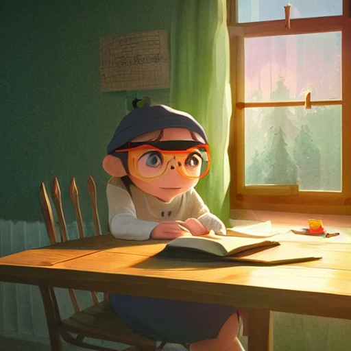 a wholesome cottagecore illustration of a happy cartoon hamburger studying math, studio Ghibli, Pixar and Disney animation, sharp, Rendered in Redshift and Unreal Engine 5 by Greg Rutkowski, Bloom, dramatic lighting, sunrise, 3D