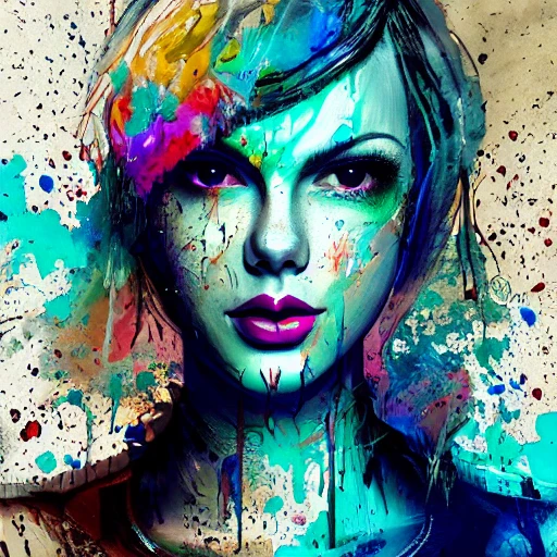 colored digital line art, splatter drippings, paper texture, medium shot portrait of a beautiful female character in the style of Taylor swift and [mass effect], wearing a intricate detailed casual outfit, gorgeous eyes, beautiful face, dynamic pose, intricate, elaborate, dramatic lighting, russ mills, sakimichan, wlop, loish, artgerm