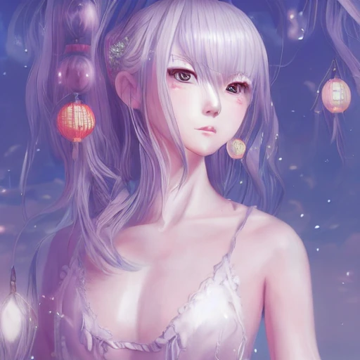 Chinese, Very detailed, A {{hyperrealistic}} portrait of a beautiful anime girl wearing chinese clothes, white hair, japanese kawaii, slender body, fine face, intricate, elegant, volumetric light, highly detailed. trending on artstation, digital art, [[[WLOP]]], 8k wallpaper, full moon background, {vivid}, bottom body close up, , {pastel color}, beautiful skin, 