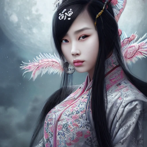 Very detailed, A {{hyperrealistic}} portrait of a beautiful chinese girl wearing chinese clothes fighting verse a Chinese dragon, white hair, slender body, fine face, intricate, elegant, dark fantasy, highly detailed, digital art, [[[WLOP]]], 8k wallpaper, full moon background, {vivid}, bottom body close up, , {pastel color}, beautiful skin, 