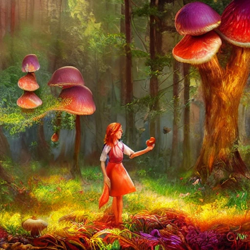 A girl picking up mushrooms from a forest of colorful mushrooms, afternoon, fantasy, acrylic, cinematic lighting, realism, sun rays. {{detailed girl}}, {{full body}}