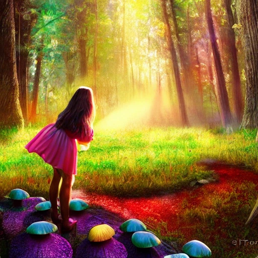 A girl picking up mushrooms from a forest of colorful mushrooms, afternoon, fantasy, acrylic, cinematic lighting, realism, sun rays. {{detailed girl}}, {{full body}}