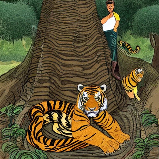 snake, tiger and man in a well, a theif overlooking them in forest,, Cartoon