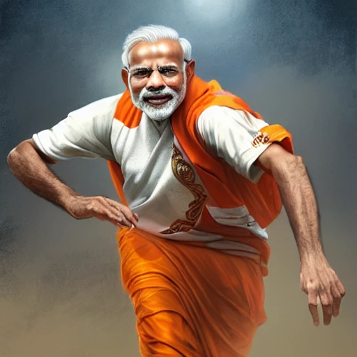 narendra modi as playing football, realistic portrait, symmetrical, highly detailed, digital painting, artstation, concept art, smooth, sharp focus, illustration, cinematic lighting, art by artgerm and greg rutkowski and alphonse mucha 