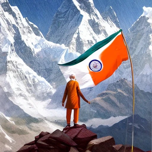 narendra modi at mount everest top saluting to indian flag, realistic portrait, symmetrical, highly detailed, digital painting, artstation, concept art, smooth, sharp focus, illustration, cinematic lighting, art by artgerm and greg rutkowski and alphonse mucha 