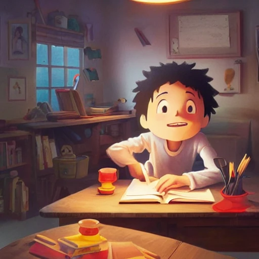 a wholesome cottagecore illustration of a happy cartoon hamburger studying math, studio Ghibli, Pixar and Disney animation, sharp, Rendered in Redshift and Unreal Engine 5 by Greg Rutkowski, Bloom, dramatic lighting, sunrise
