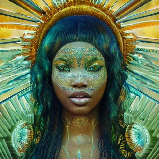 very detailed Hyper realistic 3d photo, of sza as goddess of the sun, art deco, very detailed, very realistic, Detailed and Intricate, Geometric, CGI, PBR, by Philippe Druillet, highly detailed, digital masterpiece, trippy, 8k, smooth, [sharp focus], unreal engine 5 rendered, illustration, cinematic lighting, [high octane render], detailed environment], [high key lighting, highly detailed, fine detail, intricate, award - winning, fantasy, 3D,