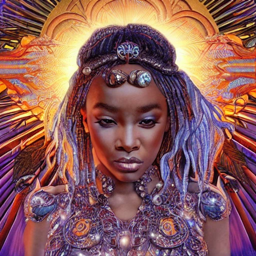 very detailed Hyper realistic 3d photo, of sza as goddess of the sun, art deco, very detailed, very realistic, Detailed and Intricate, Geometric, CGI, PBR, by Philippe Druillet, highly detailed, digital masterpiece, trippy, 8k, smooth, [sharp focus], unreal engine 5 rendered, illustration, cinematic lighting, [high octane render], detailed environment], [high key lighting, highly detailed, fine detail, intricate, award - winning, fantasy, 3D,