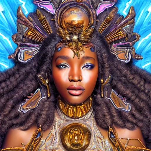 very detailed Hyper realistic 3d photo, of sza as goddess of the sun, art deco, very detailed, very realistic, Detailed and Intricate, Geometric, CGI, PBR, by Philippe Druillet, highly detailed, digital masterpiece, trippy, 8k, smooth, [sharp focus], unreal engine 5 rendered, illustration, cinematic lighting, [high octane render], detailed environment], [high key lighting, highly detailed, fine detail, intricate, award - winning, fantasy, 3D,