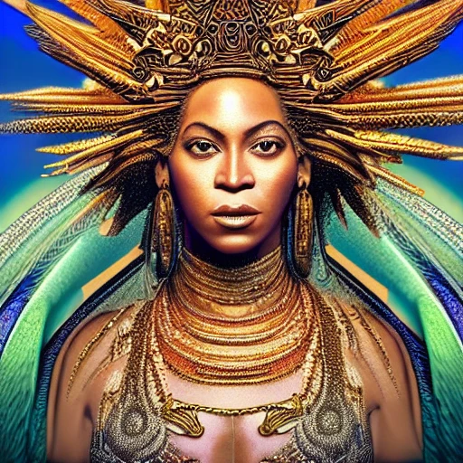 very detailed Hyper realistic 3d photo from afar, of beyonce as goddess of the sun, art deco, very detailed, very realistic, Detailed and Intricate, Geometric, CGI, PBR, by Philippe Druillet, highly detailed, digital masterpiece, trippy, 8k, smooth, [sharp focus], unreal engine 5 rendered, illustration, cinematic lighting, [high octane render], detailed environment], [high key lighting, highly detailed, fine detail, intricate, award - winning, fantasy, 3D,