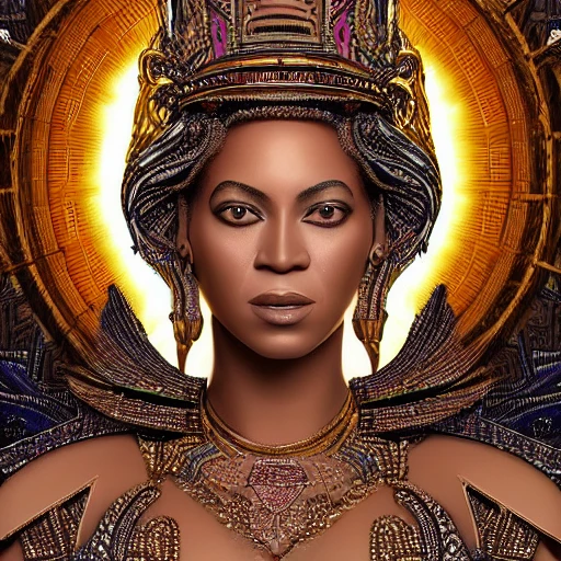 very detailed Hyper realistic 3d photo from afar, of beyonce as goddess of the sun, art deco, very detailed, very realistic, Detailed and Intricate, Geometric, CGI, PBR, by Philippe Druillet, highly detailed, digital masterpiece, trippy, 8k, smooth, [sharp focus], unreal engine 5 rendered, illustration, cinematic lighting, [high octane render], detailed environment], [high key lighting, highly detailed, fine detail, intricate, award - winning, fantasy, 3D,