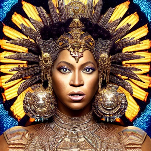 very detailed Hyper realistic 3d photo from afar, of beyonce as goddess of the sun, art deco, very detailed, very realistic, Detailed and Intricate, Geometric, CGI, PBR, by Philippe Druillet, highly detailed, digital masterpiece, trippy, 8k, smooth, [sharp focus], unreal engine 5 rendered, illustration, cinematic lighting, [high octane render], detailed environment], [high key lighting, highly detailed, fine detail, intricate, award - winning, fantasy, 3D,