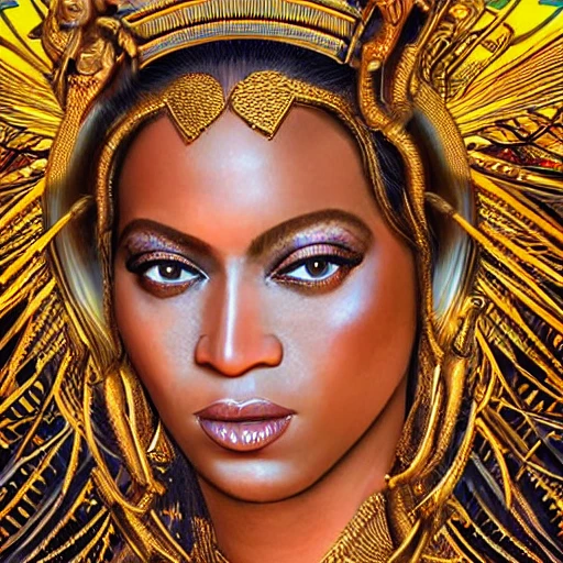 very detailed Hyper realistic 3d photo from afar, of beyonce as goddess of the sun, art deco, very detailed, very realistic, Detailed and Intricate, Geometric, CGI, PBR, by Philippe Druillet, highly detailed, digital masterpiece, trippy, 8k, smooth, [sharp focus], unreal engine 5 rendered, illustration, cinematic lighting, [high octane render], detailed environment], [high key lighting, highly detailed, fine detail, intricate, award - winning, fantasy, 3D,