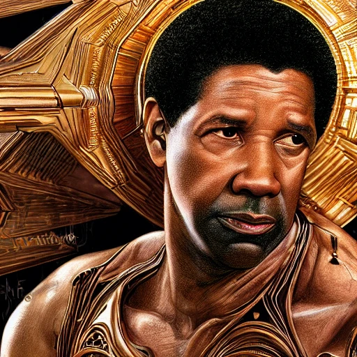 very detailed Hyper realistic photo from afar, of denzel washington, as god, art deco, very detailed, very realistic, Detailed and Intricate, Geometric, CGI, PBR, by Philippe Druillet, highly detailed, digital masterpiece, trippy, 8k, smooth, [sharp focus], unreal engine 5 rendered, illustration, cinematic lighting, [high octane render], detailed environment], [high key lighting, highly detailed, fine detail, intricate, award - winning, fantasy, 3D,