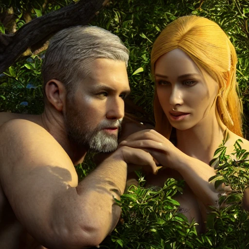 a very detailed hyper realistic poster of adam and eve, high definition, Detailed and Intricate, Geometric, CGI, PBR, detailed, digital masterpiece, 8k, smooth, [sharp focus], unreal engine 5 rendered, illustration, cinematic lighting, [high octane render], detailed environment], [high key lighting, highly detailed, fine detail, intricate, award - winning, {high definition anatomy}, 3D,  in the style of makoto shinkai and greg rutkowski and albert bierstadt and james gurney