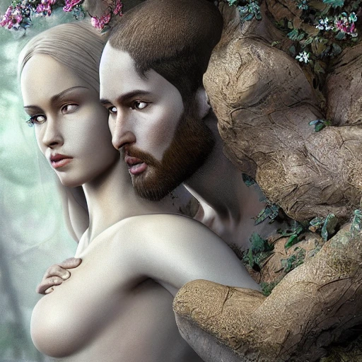 a very detailed hyper realistic poster of adam and eve, high definition, Detailed and Intricate, Geometric, CGI, PBR, detailed, digital masterpiece, 8k, smooth, [sharp focus], unreal engine 5 rendered, illustration, cinematic lighting, [high octane render], detailed environment], [high key lighting, highly detailed, fine detail, intricate, award - winning, {high definition anatomy}, 3D,  in the style of makoto shinkai and greg rutkowski and albert bierstadt and james gurney