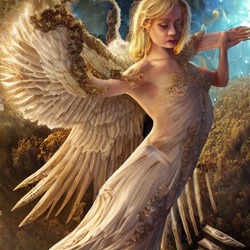 a very detailed hyper realistic poster of angels on earth, high definition, Detailed and Intricate, Geometric, CGI, PBR, detailed, digital masterpiece, 8k, smooth, [sharp focus], unreal engine 5 rendered, illustration, cinematic lighting, [high octane render], detailed environment], [high key lighting, highly detailed, fine detail, intricate, award - winning, {high definition anatomy}, 3D,  in the style of makoto shinkai and greg rutkowski and albert bierstadt and james gurney