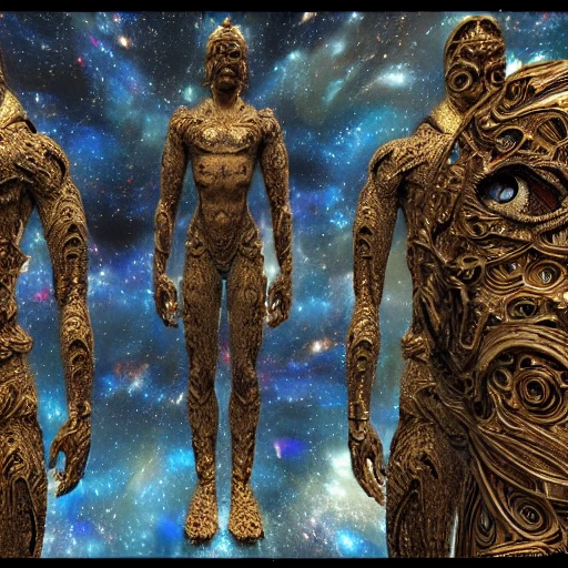 very detailed Hyper realistic 3d photo from afar, of human milky way gods of galaxy, art deco, very detailed, very realistic, Detailed and Intricate, Geometric, CGI, PBR, by Philippe Druillet, highly detailed, digital masterpiece, trippy, 8k, smooth, [sharp focus], unreal engine 5 rendered, illustration, cinematic lighting, [high octane render], detailed environment], [high key lighting, highly detailed, fine detail, intricate, award - winning, fantasy, 3D,