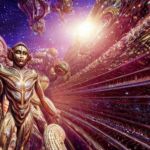 very detailed Hyper realistic 3d photo from afar, of human milky way gods of galaxy, art deco, very detailed, very realistic, Detailed and Intricate, Geometric, CGI, PBR, by Philippe Druillet, highly detailed, digital masterpiece, trippy, 8k, smooth, [sharp focus], unreal engine 5 rendered, illustration, cinematic lighting, [high octane render], detailed environment], [high key lighting, highly detailed, fine detail, intricate, award - winning, fantasy, 3D,