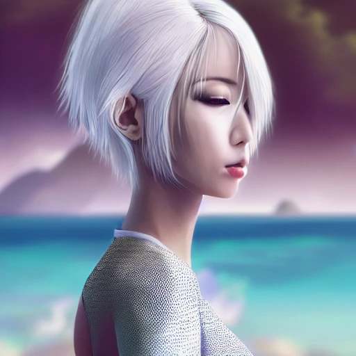 Very detailed, A {{hyperrealistic}} portrait of a beautiful anime girl wearing  rubber swimsuit,white hair, japanese kawaii, slender body ,fine face, intricate, elegant, volumetric light, highly detailed. trending on artstation, digital art, [[[WLOP]]] , 8k wallpaper, dinamic {{ocean}} background, {vivid}, bottom body close up, , {pastel color}, beautiful skin,melty