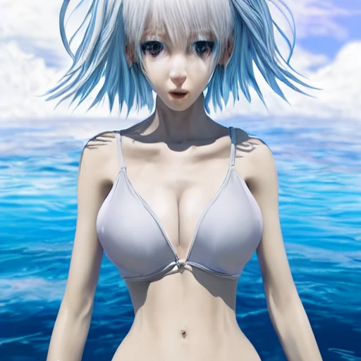 Very detailed, A {{hyperrealistic}} portrait of a beautiful anime girl wearing  rubber swimsuit,white hair, japanese kawaii, slender body ,fine face, intricate, elegant, volumetric light, highly detailed. trending on artstation, digital art, [[[WLOP]]] , 8k wallpaper, dinamic {{ocean}} background, {vivid}, bottom body close up, , {pastel color}, beautiful skin