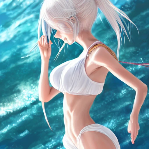 Very detailed, A {{hyperrealistic}} portrait of a beautiful anime girl wearing  rubber swimsuit,white hair, japanese kawaii, slender body ,fine face, intricate, elegant, volumetric light, highly detailed. trending on artstation, digital art, [[[WLOP]]] , 8k wallpaper, dinamic {{ocean}} background, {vivid}, bottom body close up, , {pastel color}, beautiful skin, waist shot