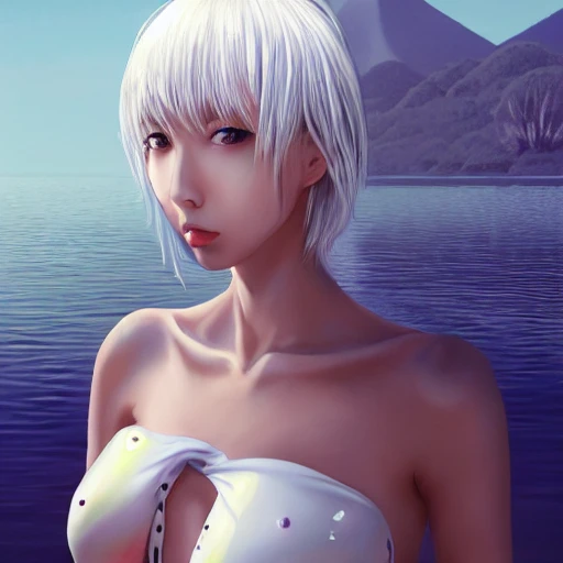 Very detailed, A {{hyperrealistic}} portrait of a beautiful anime girl wearing  rubber swimsuit,white hair, japanese kawaii, slender body ,fine face, intricate, elegant, volumetric light, highly detailed. trending on artstation, digital art, [[[WLOP]]] , 8k wallpaper, dinamic {{ocean}} background, {vivid}, bottom body close up, , {pastel color}, beautiful skin, waist shot