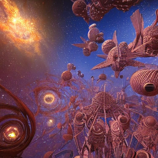 very detailed Hyper realistic 3d photo from afar, of human milky way gods of galaxy, art deco, very detailed, very realistic, Detailed and Intricate, Geometric, CGI, PBR, by Philippe Druillet, highly detailed, digital masterpiece, trippy, 8k, smooth, [sharp focus], unreal engine 5 rendered, illustration, cinematic lighting, [high octane render], detailed environment], [high key lighting, highly detailed, fine detail, intricate, award - winning, fantasy, 3D,