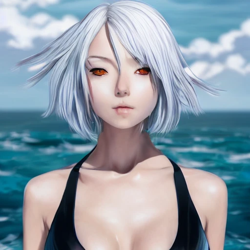 Very detailed, A {{hyperrealistic}} portrait of a beautiful anime girl wearing  rubber swimsuit,white hair, japanese kawaii, slender body ,fine face, waist shot, volumetric light, intricate, elegant,highly detailed, trending on artstation, digital art, [[[WLOP]]] , 8k wallpaper, dinamic {{{{ocean}}}} background, {vivid}, {pastel color}, beautiful skin,