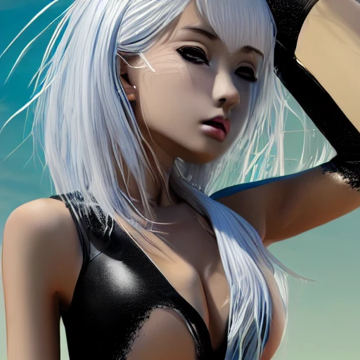 Very detailed, A {{hyperrealistic}} portrait of a beautiful anime girl wearing  rubber swimsuit,white hair, japanese kawaii, slender body ,fine face, waist shot, bottom body close up, volumetric light, intricate, elegant,highly detailed, trending on artstation, digital art, [[[WLOP]]] , 8k wallpaper, dinamic {{{{ocean}}}} background, {vivid}, {pastel color}, beautiful skin,