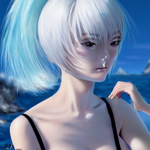 Very detailed, A {{hyperrealistic}} portrait of a beautiful anime girl wearing  rubber swimsuit,white hair, japanese kawaii, slender body ,fine face, waist shot, bottom body close up, volumetric light, intricate, elegant,highly detailed, trending on artstation, digital art, [[[WLOP]]] , 8k wallpaper, dinamic {{{{ocean}}}} background, {vivid}, {pastel color}, beautiful skin,