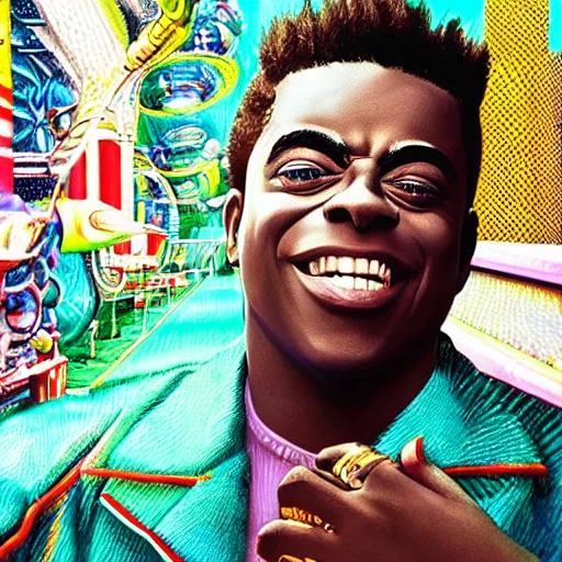 very detailed Hyper realistic 3d poster of kodak black as seen in Charlie in the chocolate factory art deco, very detailed, very realistic, Detailed and Intricate, Geometric, CGI, PBR, by Philippe Druillet, highly detailed, digital masterpiece, trippy, 8k, smooth, [sharp focus], unreal engine 5 rendered, illustration, cinematic lighting, [high octane render], detailed environment], [high key lighting, highly detailed, fine detail, intricate, award - winning, fantasy, 3D,