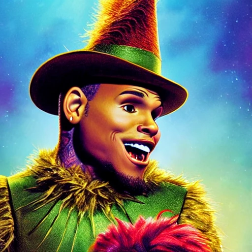 a very detailed hyper realistic 3d movie  poster of chris brown as seen in wizard of oz, high definition, Detailed and Intricate, Geometric, CGI, PBR, detailed, digital masterpiece, 8k, smooth, [sharp focus], unreal engine 5 rendered, illustration, cinematic lighting, [high octane render], detailed environment], [high key lighting, highly detailed, fine detail, intricate, award - winning, {high definition anatomy}, 3D,  in the style of makoto shinkai and greg rutkowski and albert bierstadt and james gurney