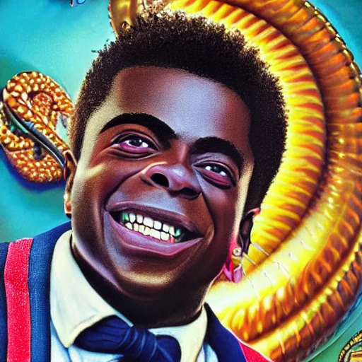 very detailed Hyper realistic 3d poster of kodak black as seen in Charlie in the chocolate factory art deco, very detailed, very realistic, Detailed and Intricate, Geometric, CGI, PBR, by Philippe Druillet, highly detailed, digital masterpiece, trippy, 8k, smooth, [sharp focus], unreal engine 5 rendered, illustration, cinematic lighting, [high octane render], detailed environment], [high key lighting, highly detailed, fine detail, intricate, award - winning, fantasy, 3D,