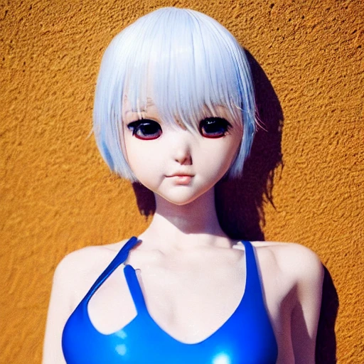 Very detailed, A {{hyperrealistic}} portrait of a beautiful anime girl wearing  rubber swimsuit,white hair, blue eyes,short bob, japanese kawaii, slender body ,cute fine face, waist shot, bottom body close up, volumetric light, intricate, elegant,highly detailed, trending on artstation, digital art, [[[WLOP]]] , 8k wallpaper, dinamic {{{{ocean}}}} background, {vivid}, {pastel color}, beautiful skin,beautiful face, --no monochrome